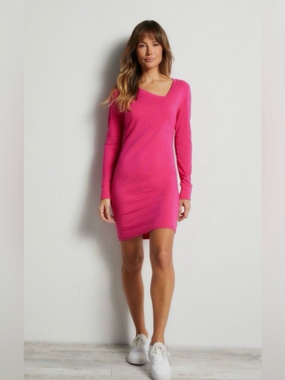 Anatomie Dress NWT L Hattie Fuschia Pink Pima Cotton Long Sleeve Asymmetrical